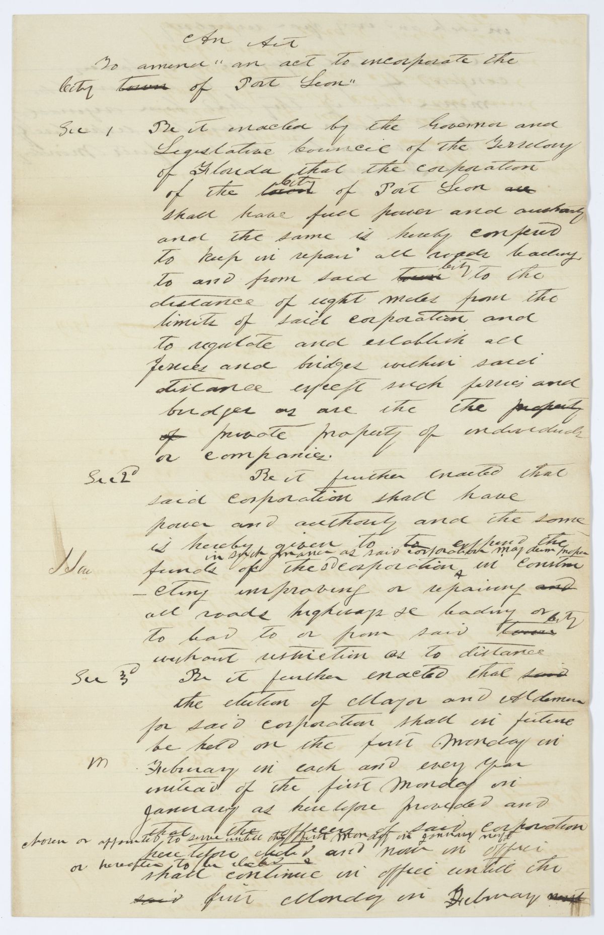 Draft of an Act to Amend an Act to Incorporate the City of Port Leon, circa 1844