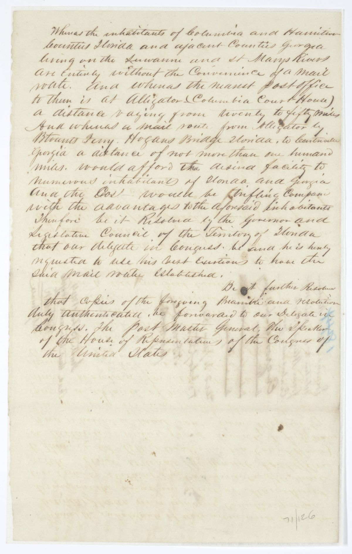 Resolution Directing the Florida Delegate in Congress to Lobby for a Mail Route Between Alligator and Centerville, 1844