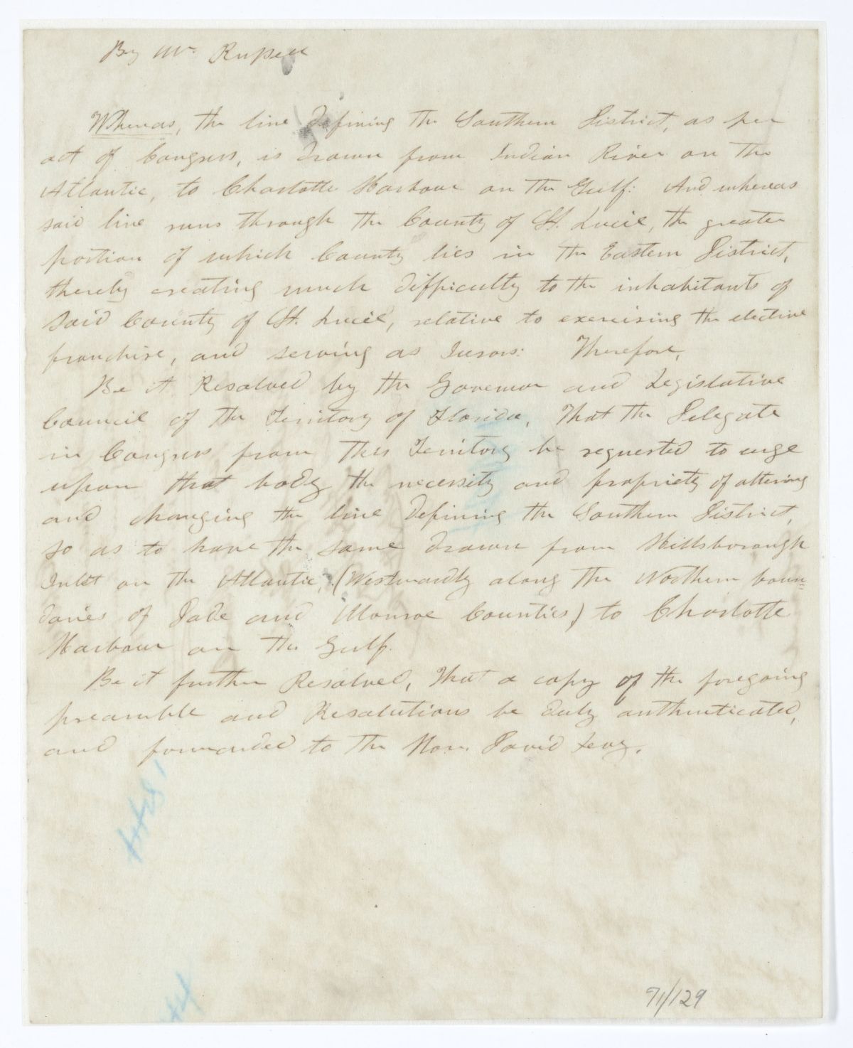 Resolution Directing the Florida Delegate in Congress to Lobby for an Alteration of the Line Defining the Southern District, circa 1844