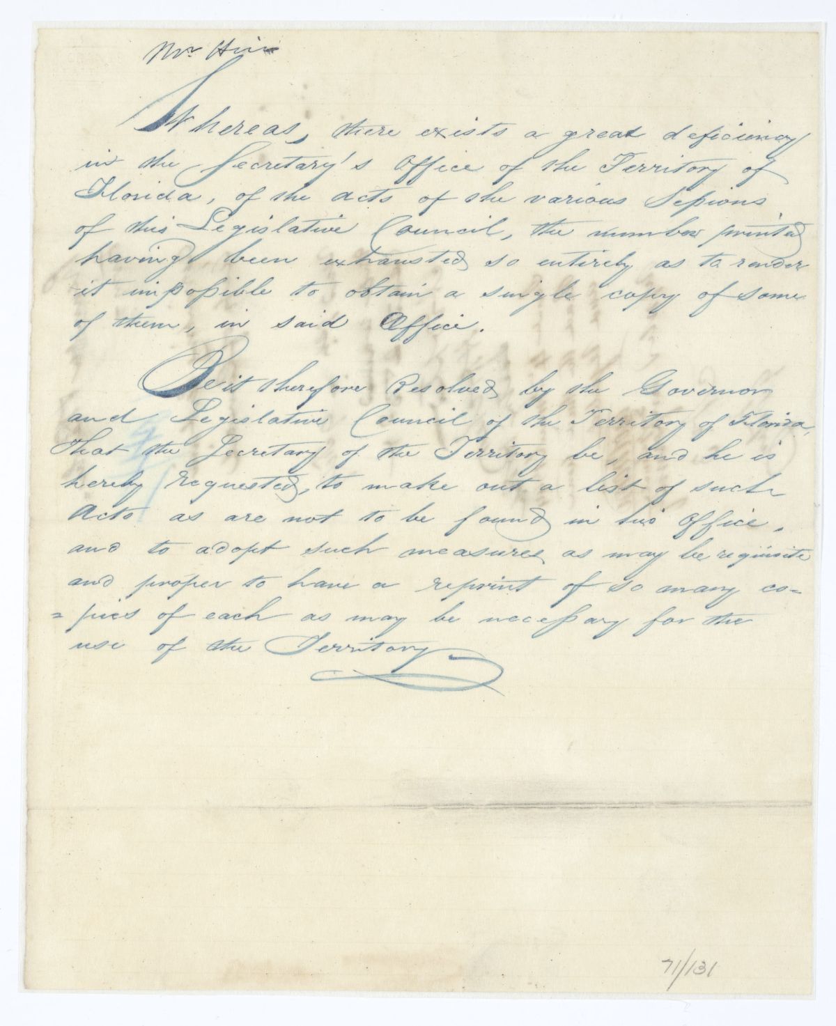 Resolution Directing the Secretary of the Territory to Reprint Certain Acts of the Territorial Legislative Council, 1844