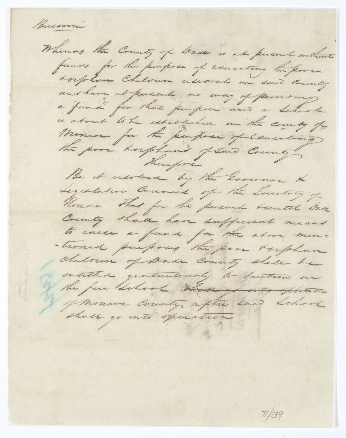 Resolution Concerning the Education of Poor and Orphan Children in Dade County, circa 1844