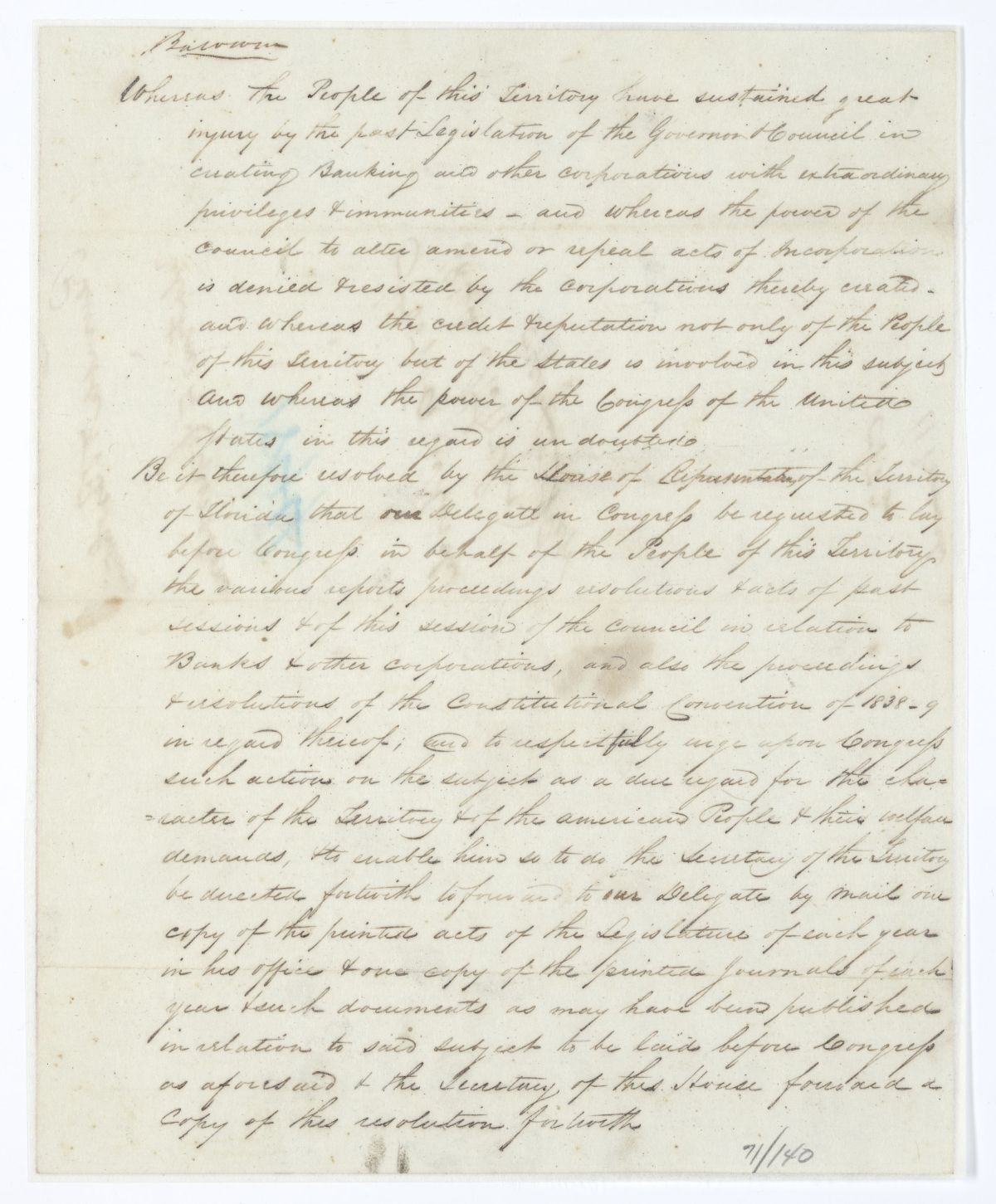 Resolution Directing the Florida Delegate in Congress to Present Certain Documents to Congress Regarding Banks, 1844