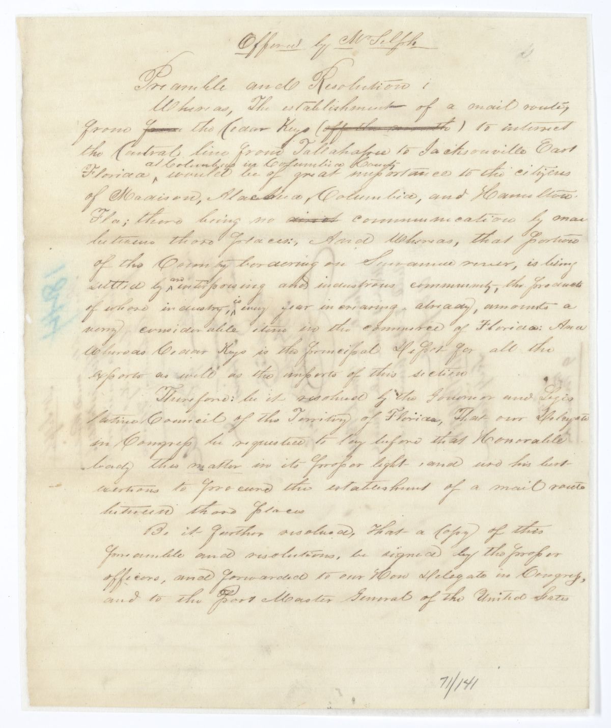 Resolution Directing the Florida Delegate in Congress to Lobby for a Mail Route Between Cedar Keys and Columbia County, 1844