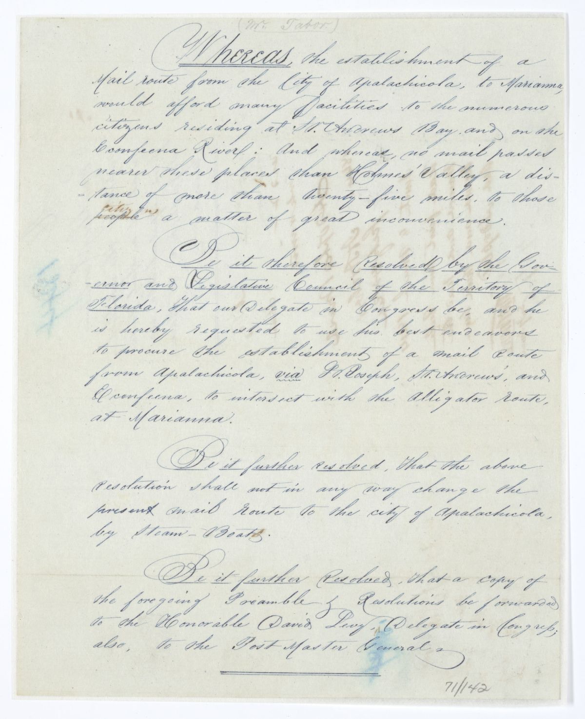 Resolution Directing the Florida Delegate in Congress to Lobby for a Mail Route Between Apalachicola and Marianna, 1844