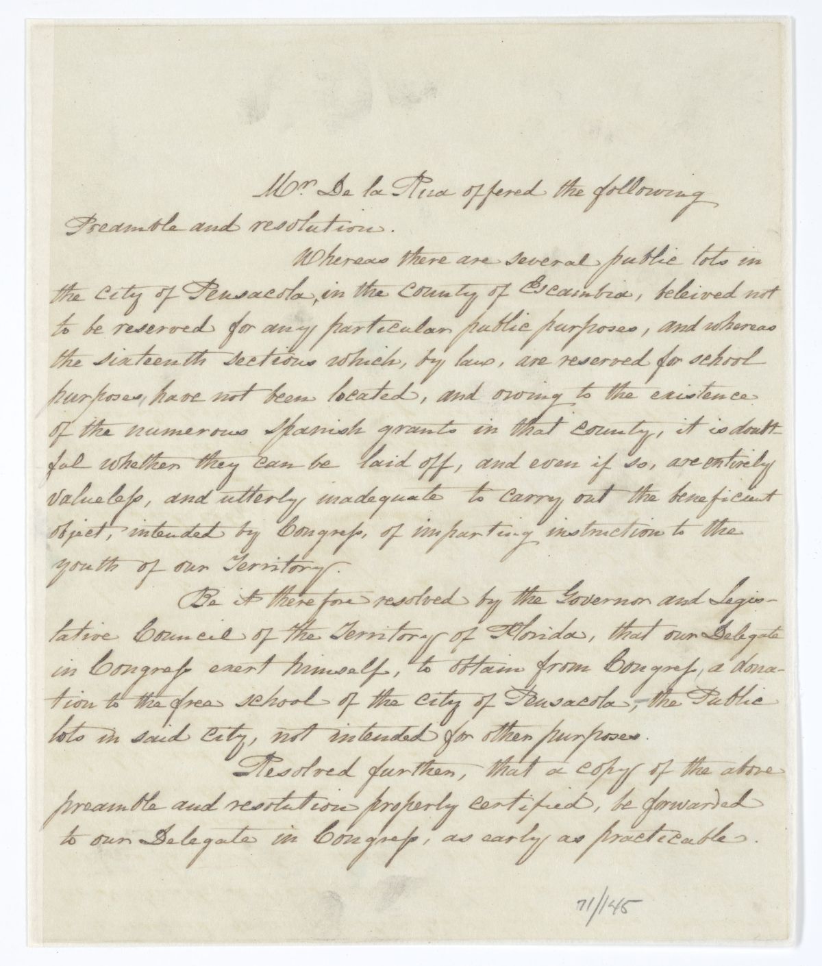 Resolution Instructing the Florida Delegate in Congress to Obtain a Donation of Land for the Free School of Pensacola, 1844