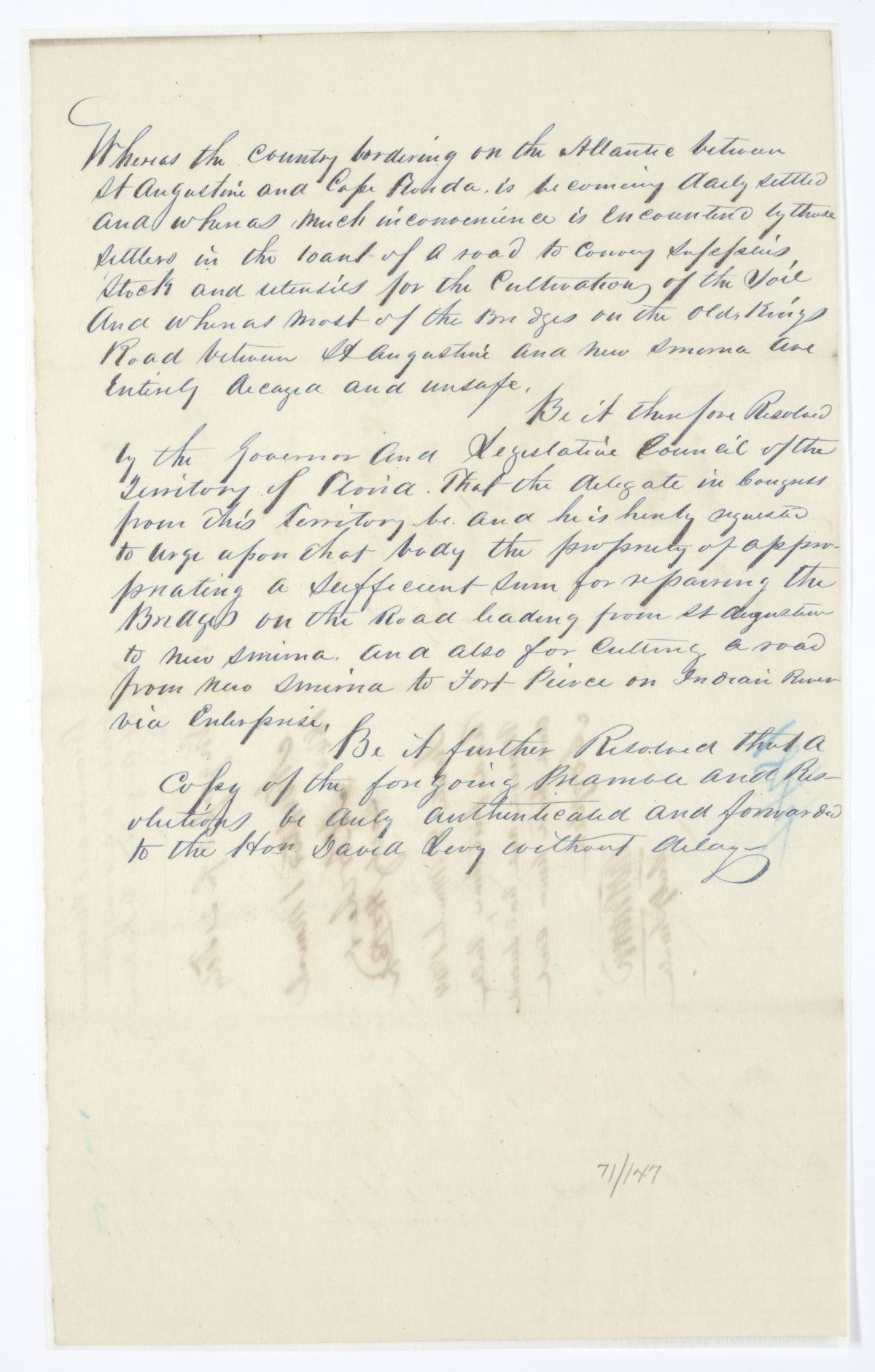 Resolution Directing the Florida Delegate in Congress to Procure an Appropriation for Road Construction and Bridge Repair, 1844