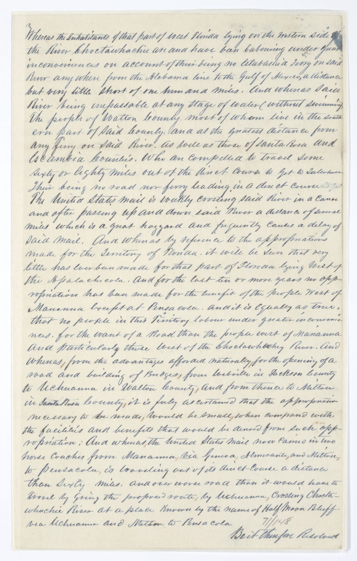 Resolution Directing the Florida Delegate in Congress to Procure an Appropriation for a Road and Bridges from Webbville to Milton, 1844