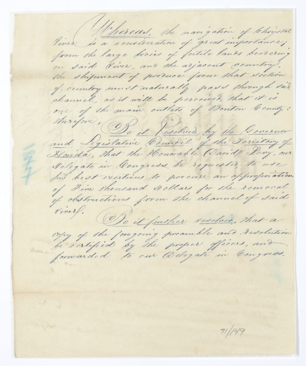 Resolution Directing the Florida Delegate in Congress to Procure an Appropriation for the Clearing of Obstructions from Crystal River, 1844