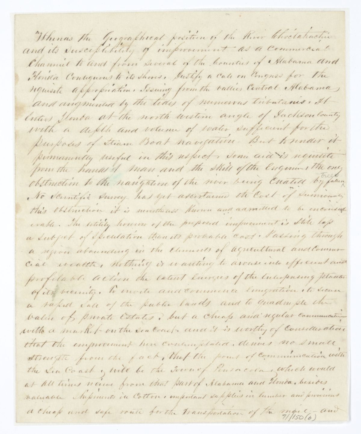 Resolution Directing the Florida Delegate in Congress to Procure an Appropriation for the Clearing of Two Rivers, circa 1844