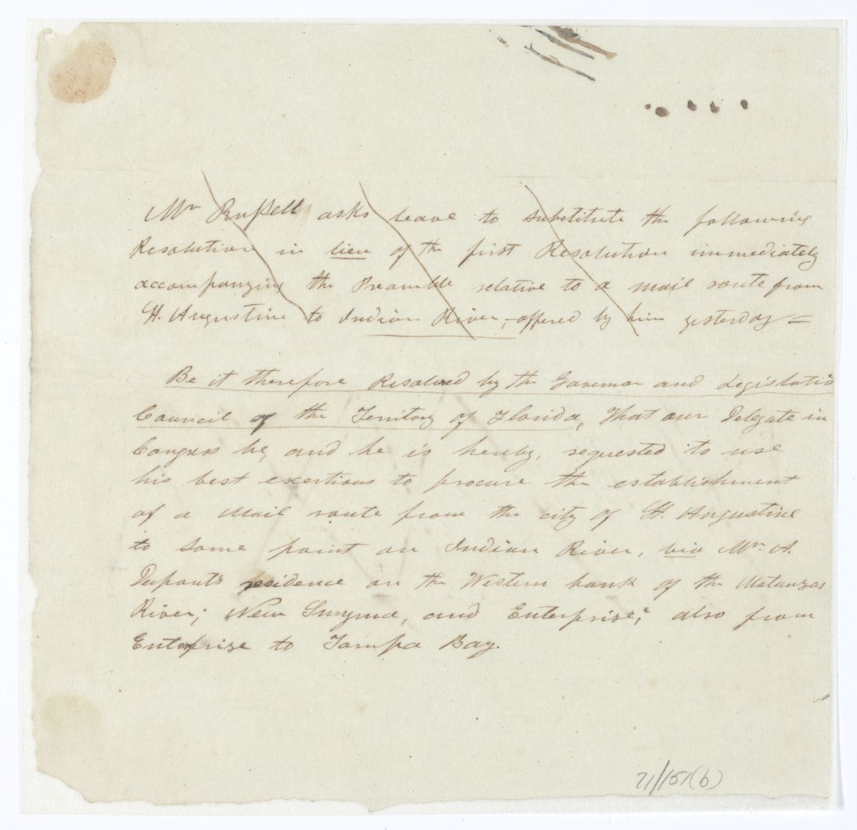 Resolution Directing the Florida Delegate in Congress to Lobby for a Mail Route from Saint Augustine to Some Point on Indian River, circa 1844