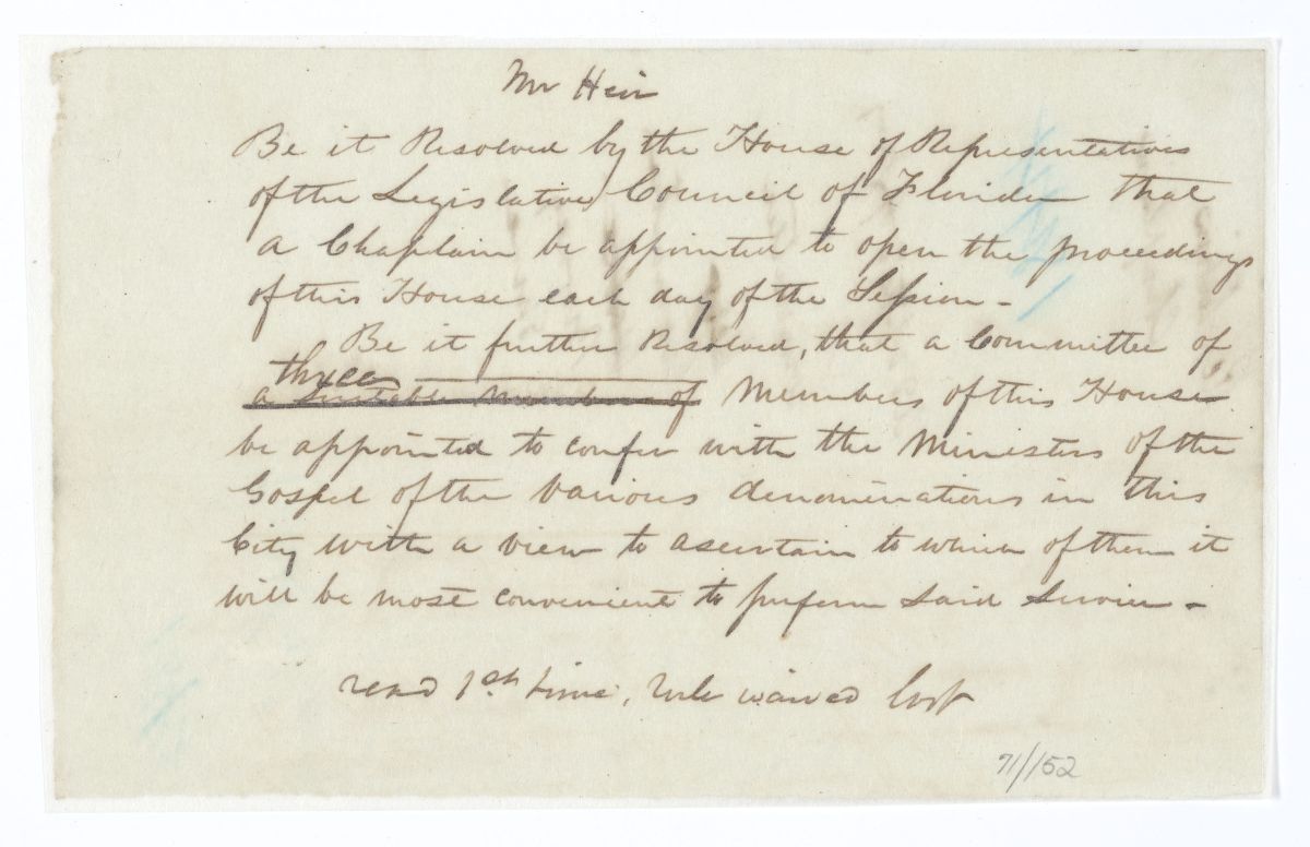 Resolution Calling for the Appointment of a Chaplain to Open the Proceedings of the House Each Day of Session, circa 1844