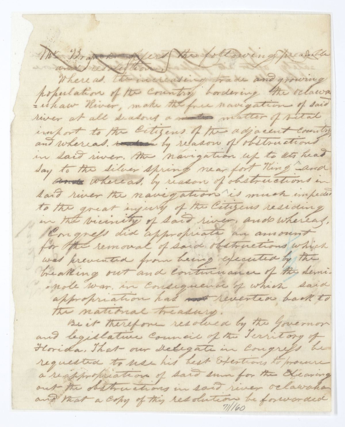 Resolution Directing the Florida Delegate in Congress to Procure an Appropriation for the Clearing of the Ocklawaha River, circa 1844