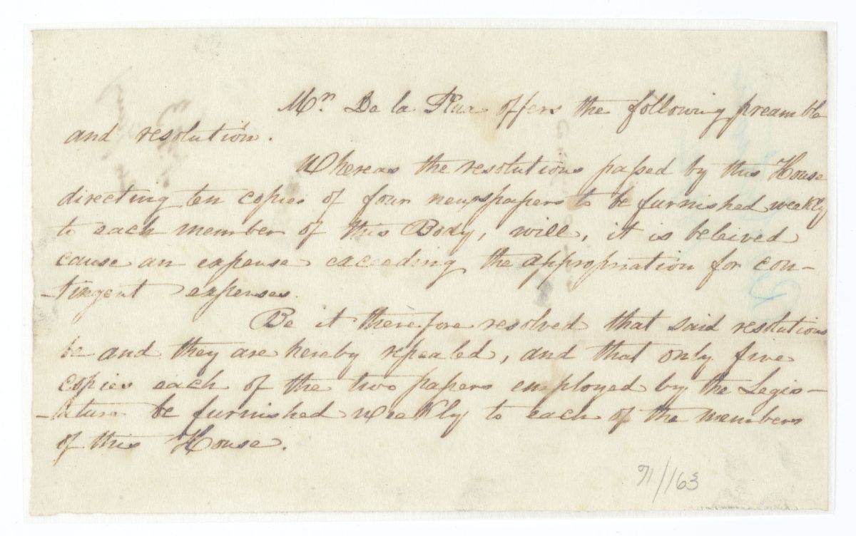 Resolution Changing the Number of Newspapers to Be Provided to the Territorial Legislative Council, circa 1844