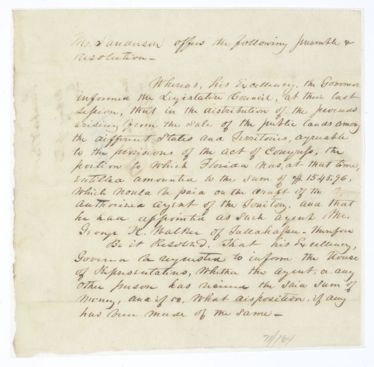 Resolution Requesting that the Governor Inform the House of Representatives on the Status of Funds from Public Lands Sales, circa 1844