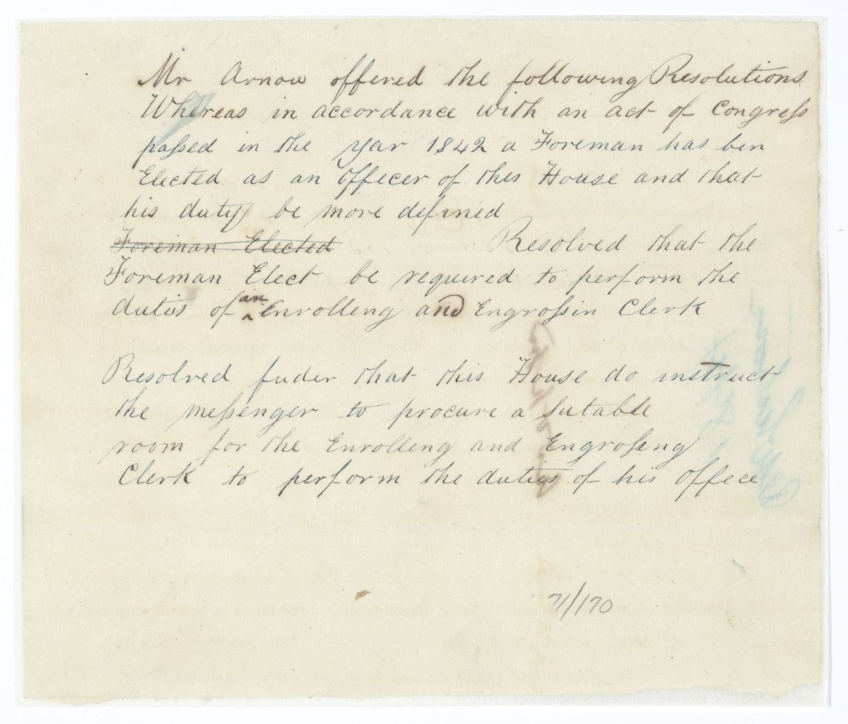 Resolution Requiring that the Foreman Elect Perform the Duties of an Enrolling and Engrossing Clerk, circa 1844