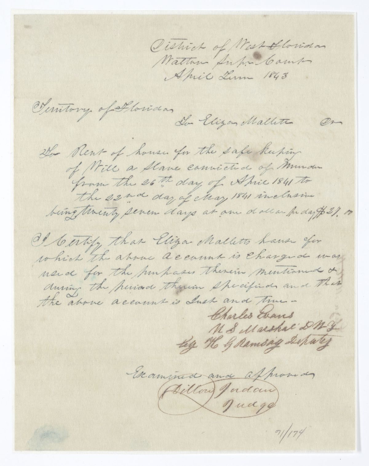 Resolution Directing Payment of the Claim of Eliza Mallett with a Certificate Supporting His Claim, 1844