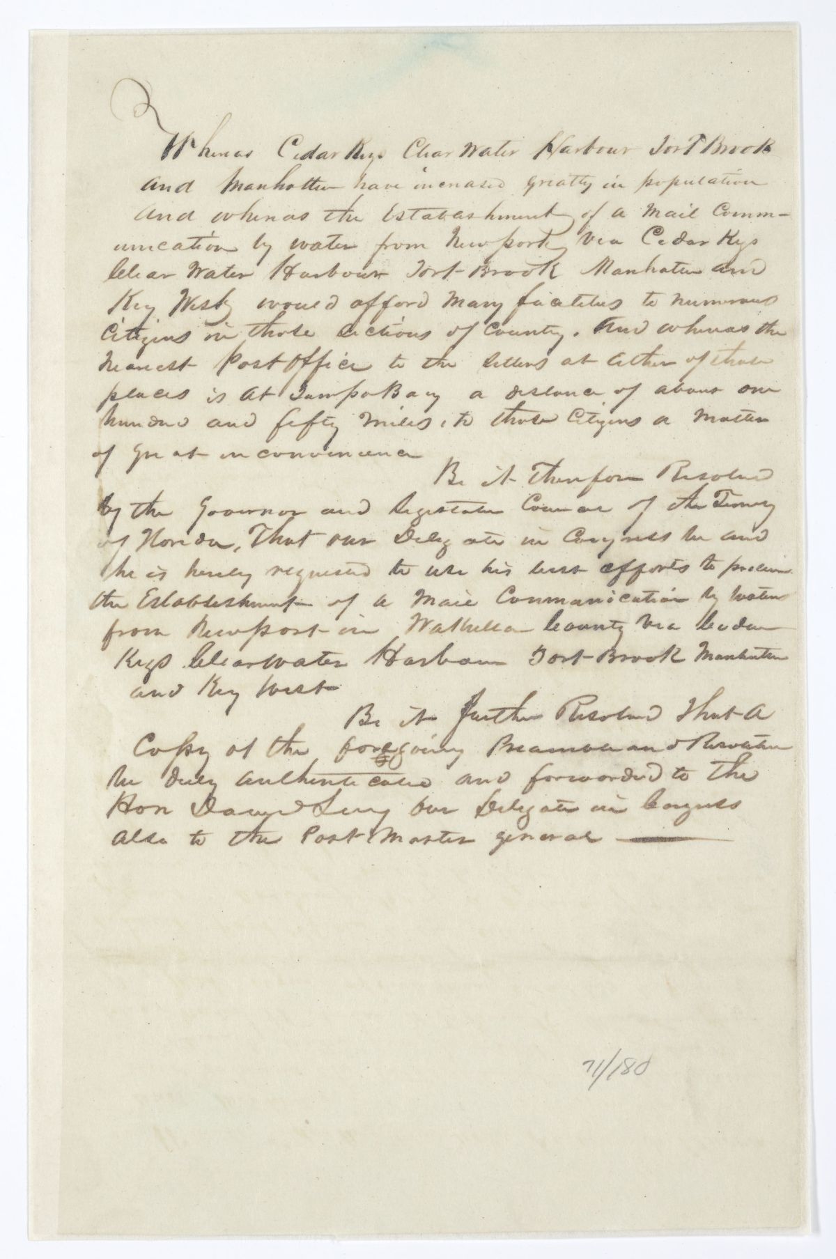 Resolution Directing the Florida Delegate in Congress to Lobby for a Mail Route from Newport to Key West, 1844