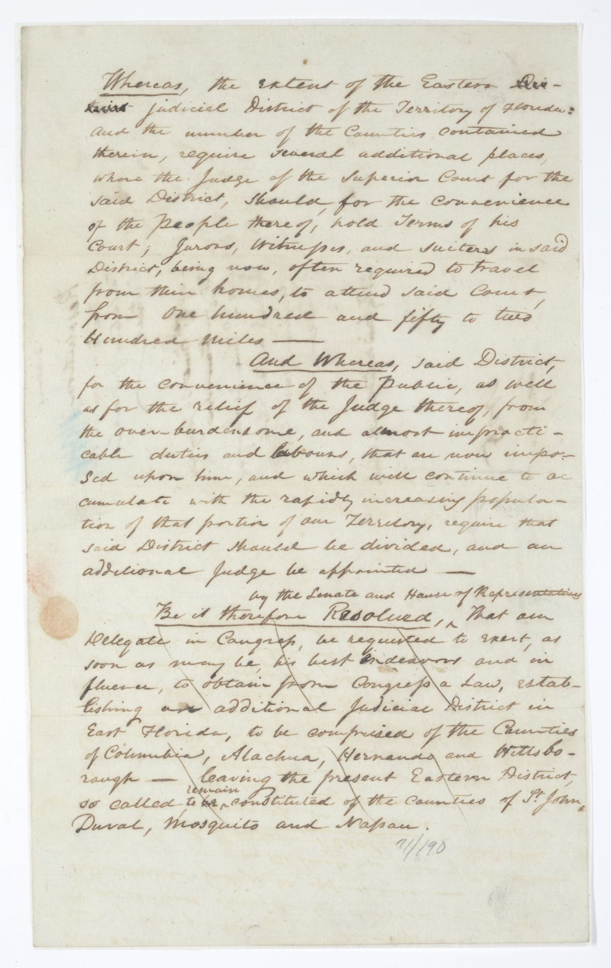 Resolution Directing the Florida Delegate in Congress to Procure a Law Establishing an Additional Judicial District in East Florida, 1844