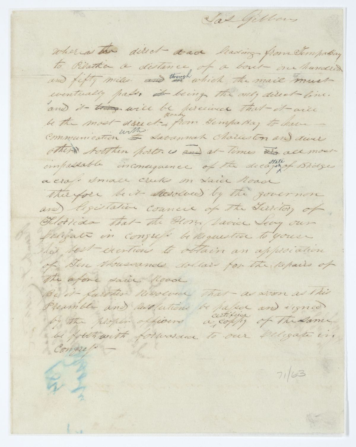 Resolution Directing the Florida Delegate in Congress to Procure an Appropriation for Repairing the Road from Tampa Bay to Palatka, 1844