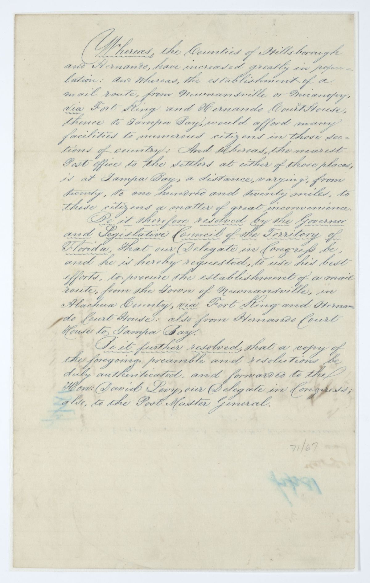 Resolution Directing the Florida Delegate in Congress to Lobby for a Mail Route Between Newnansville and Tampa Bay, 1844