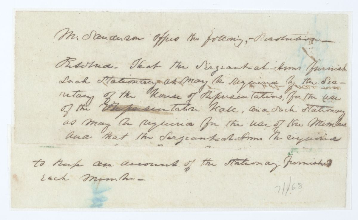 Resolution Directing the Sergeant at Arms to Furnish Stationery to the Secretary of the House of Representatives, circa 1844