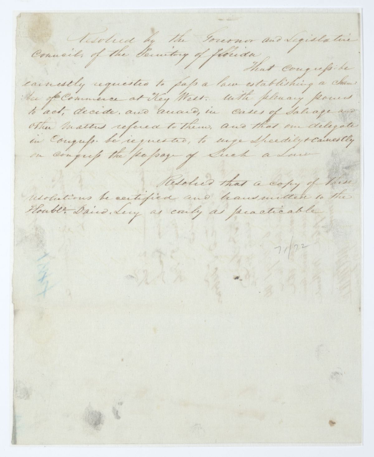 Resolution Directing the Florida Delegate in Congress to Procure a Law Establishing a Chamber of Commerce at Key West, 1844