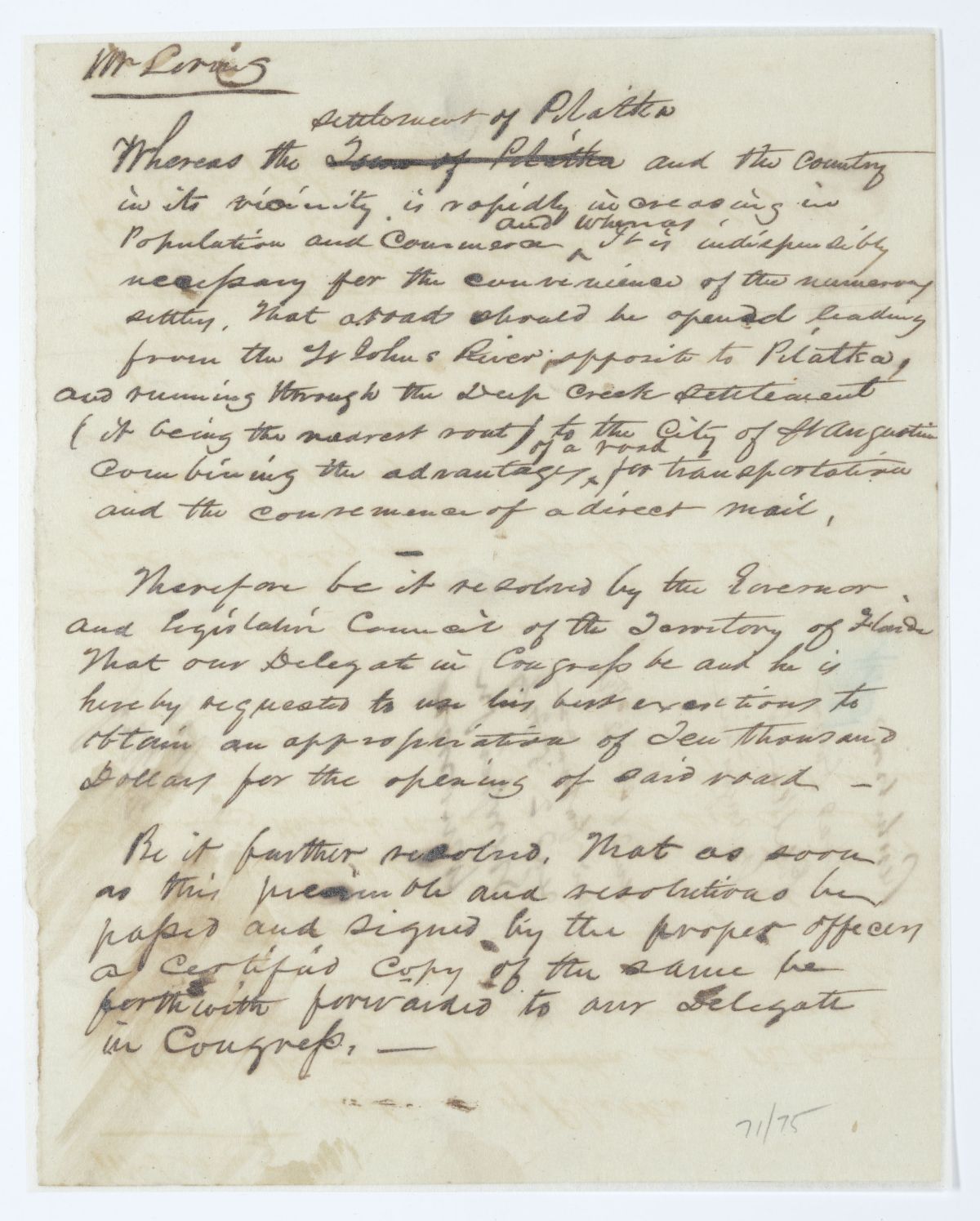 Resolution Directing the Florida Delegate in Congress to Procure an Appropriation for a Road from Palatka to Saint Augustine, circa 1844