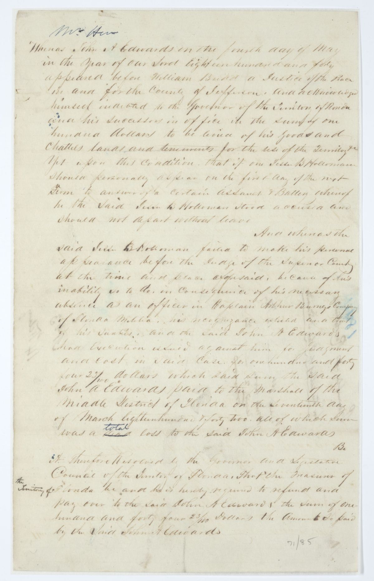 Resolution for the Relief of John A. Edwards, circa 1844