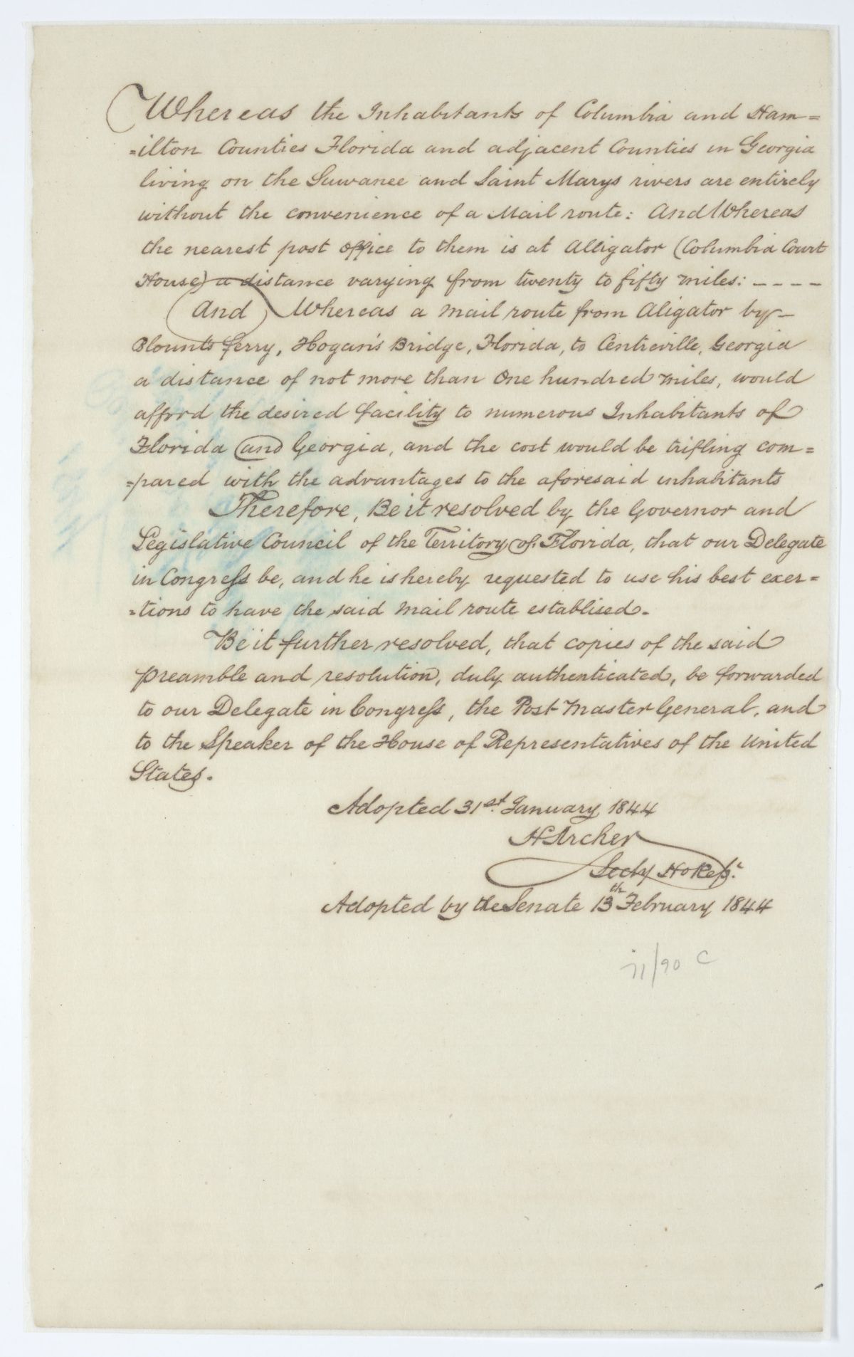 Resolution Directing the Florida Delegate in Congress to Lobby for a Mail Route Between Alligator and Centerville, 1844