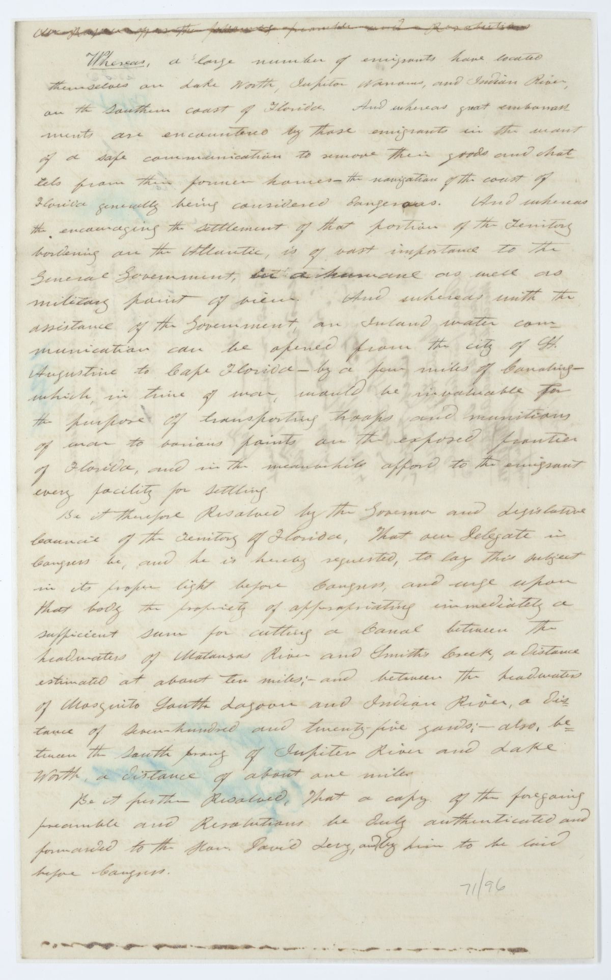 Resolution Directing the Florida Delegate in Congress to Lobby for the Creation of Canals to Create an Inland Waterway, 1844