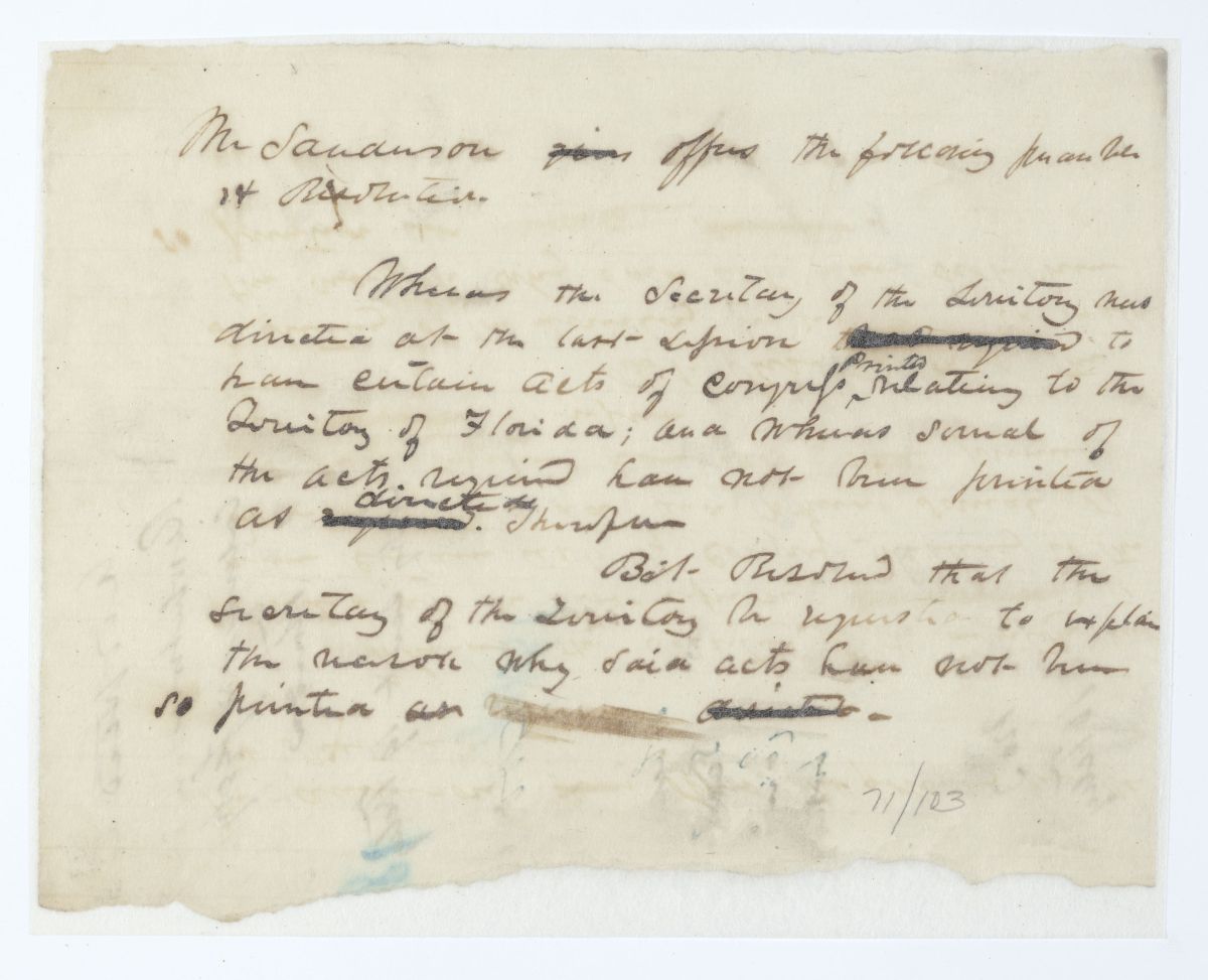 Resolution Requesting that the Secretary of the Territory Explain Why Certain Acts Have Not Been Printed, circa 1844