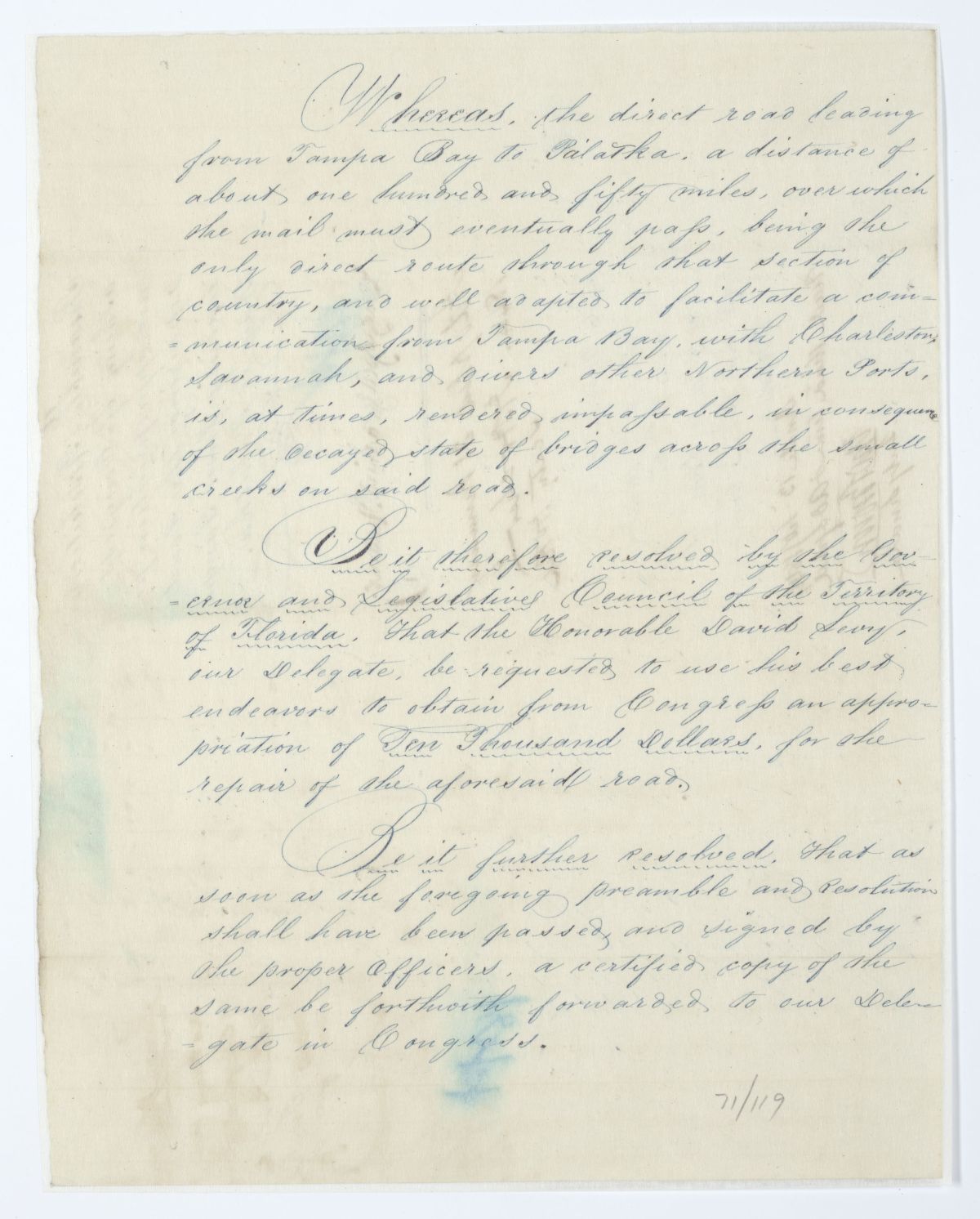 Resolution Directing the Florida Delegate in Congress to Procure an Appropriation for Repairing the Road from Tampa Bay to Palatka, 1844