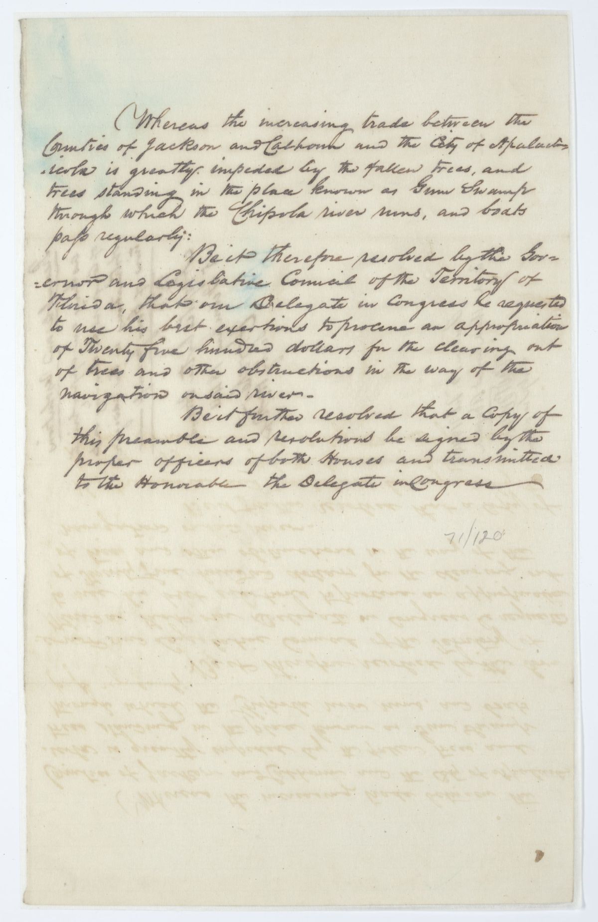 Resolution Directing the Florida Delegate in Congress to Procure an Appropriation for the Clearing of the Chipola River, 1844