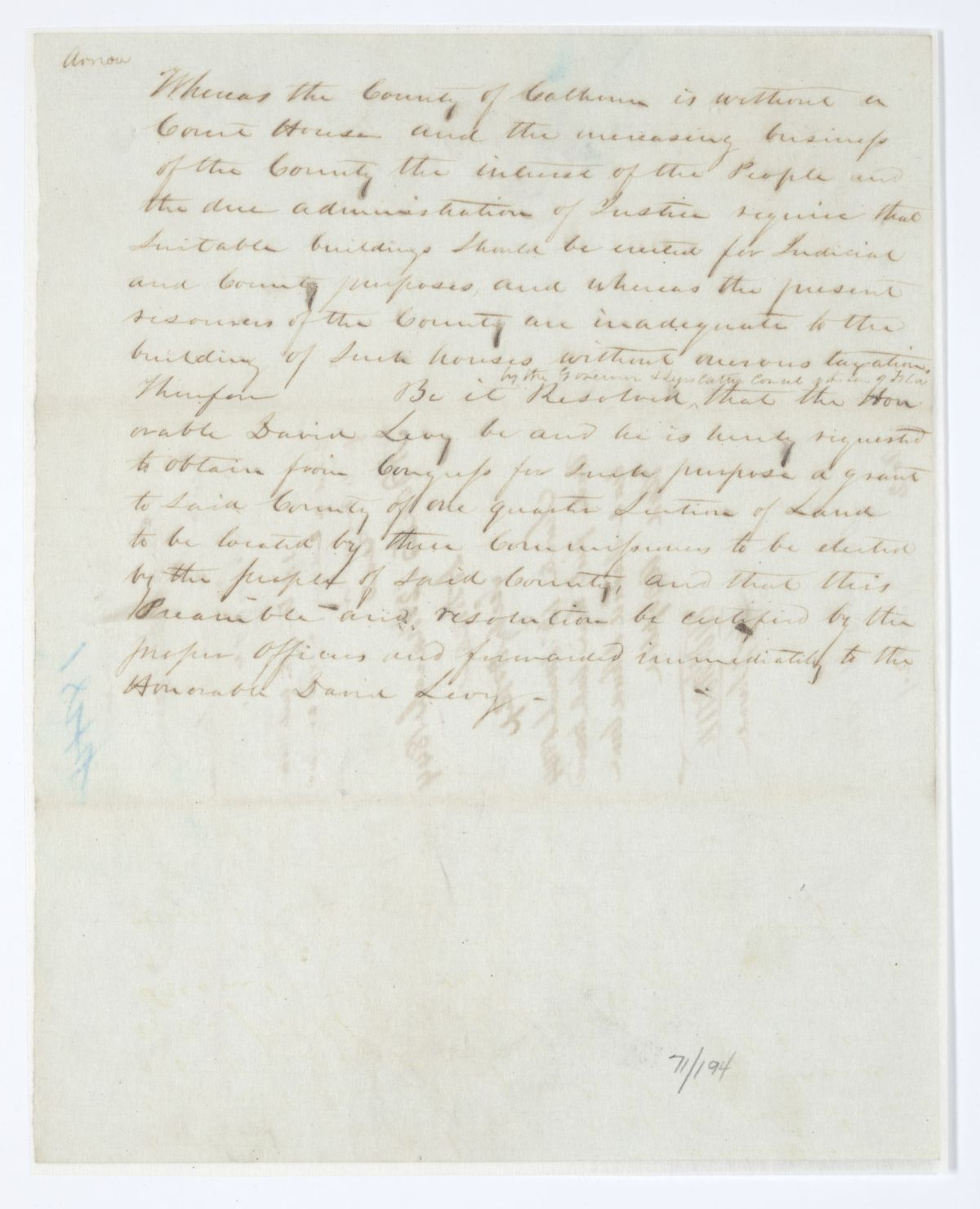 Resolution Directing the Florida Delegate in Congress to Obtain a Grant of One Quarter Section of Land for Calhoun County, 1844