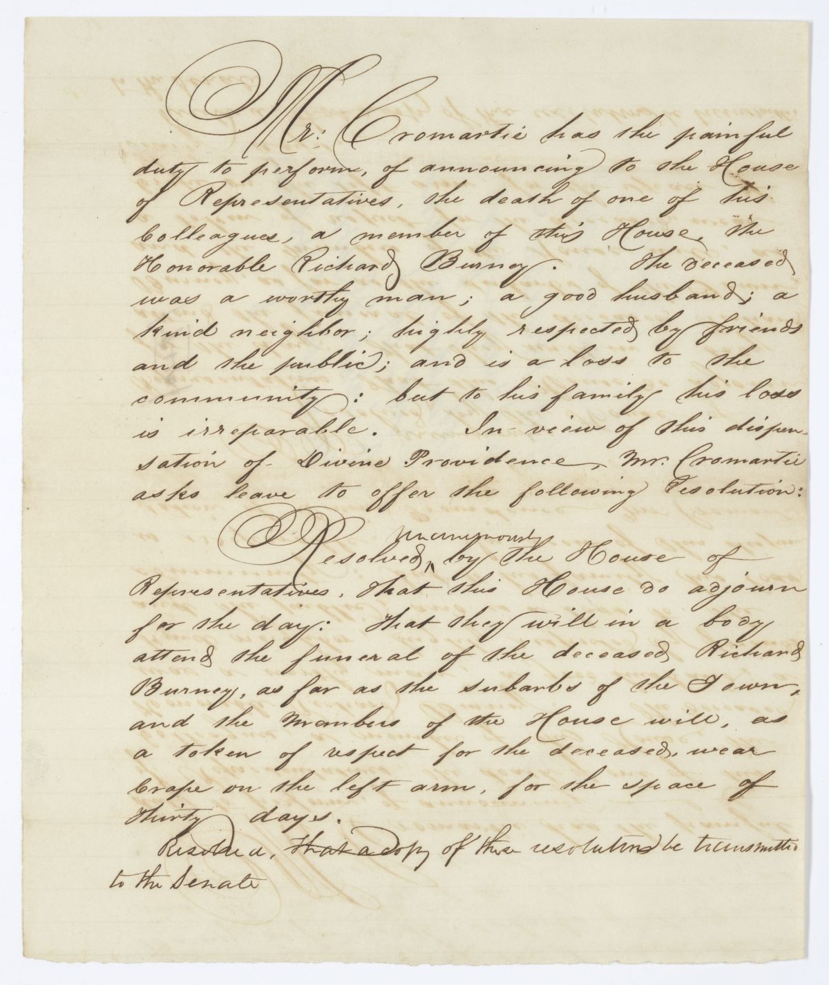 Resolution Calling for the Adjournment of the House for a Day Due to the Death of a Member, 1844