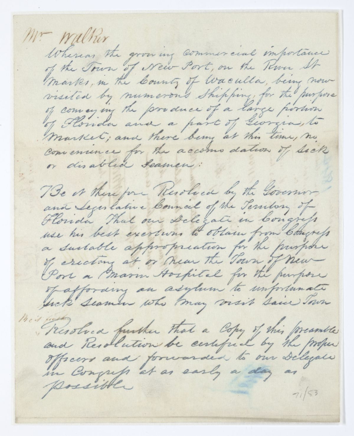 Resolution Directing the Florida Delegate in Congress to Procure an Appropriation for a Marine Hospital at Newport, 1844