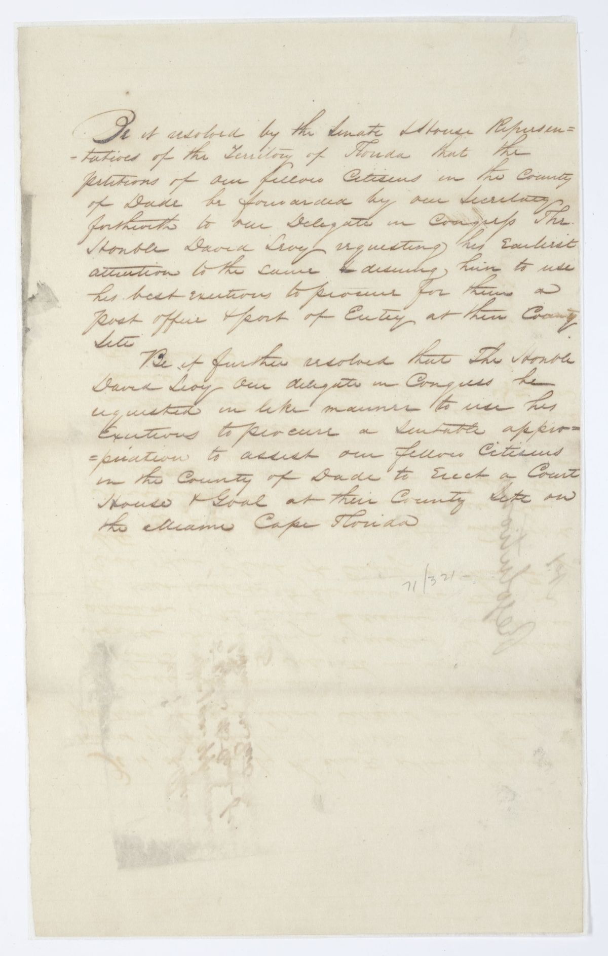 Resolution Directing the Florida Delegate in Congress to Lobby for Certain Benefits and Appropriations for Dade County, 1844