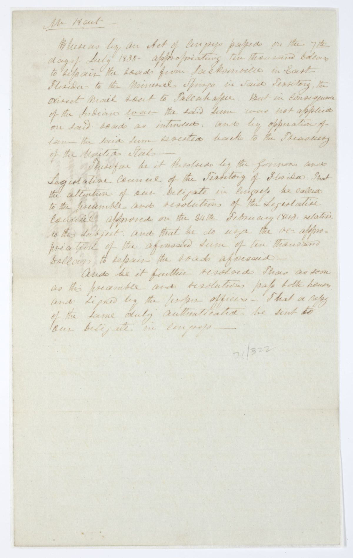 Resolution Directing the Florida Delegate in Congress to Procure a Reappropriation to Repair a Road from Jacksonville, 1844