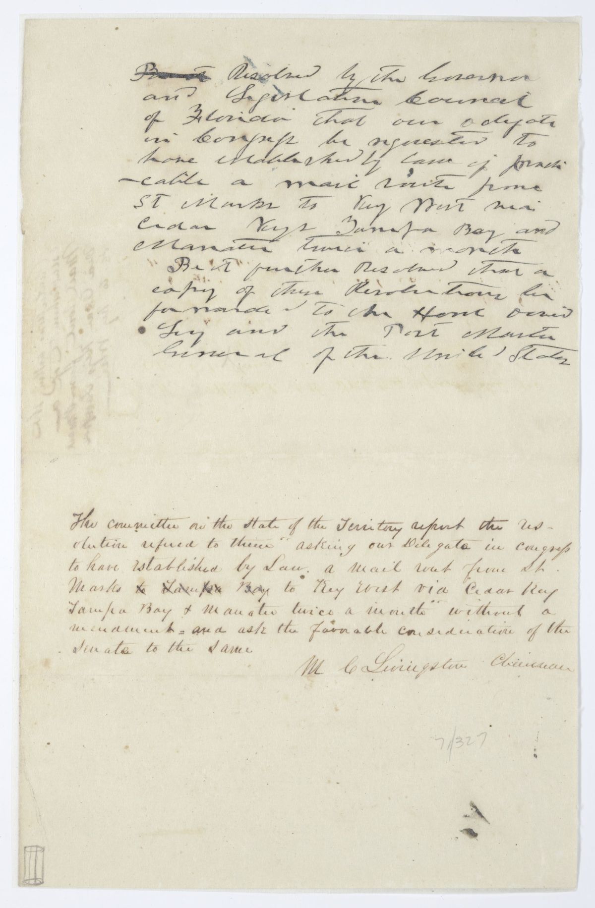 Resolution Calling for a Mail Route from Saint Marks to Key West with a Committee Report Concerning the Resolution, circa 1844