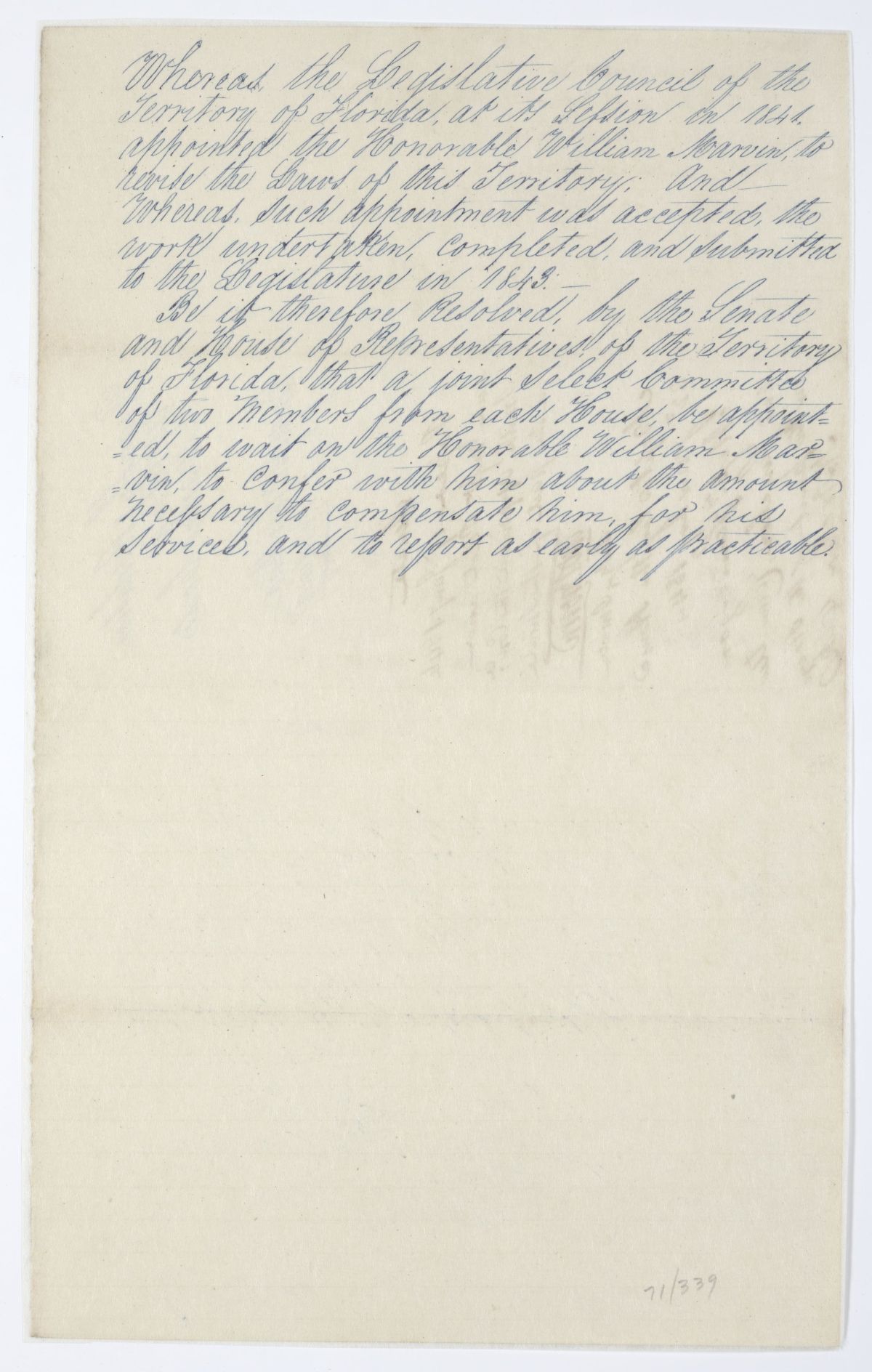 Resolution Calling for a Joint Select Committee to Confer with William Marvin and Determine His Compensation for the Revised Statutes, 1844