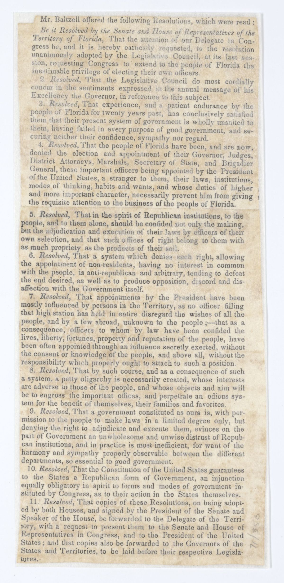 Resolution Directing the Florida Delegate in Congress to Raise the Issue of the Citizens of Florida Electing Their Own Public Officers, circa 1844