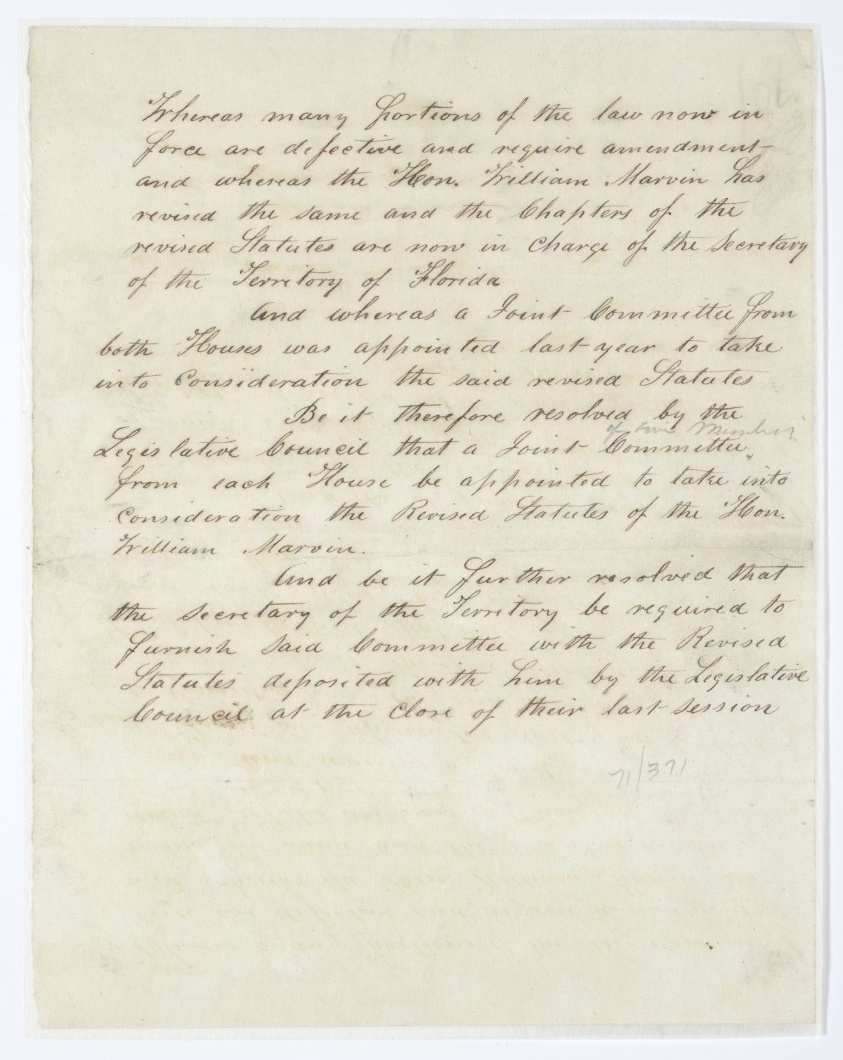 Resolution Calling for a Joint Committee to Take into Consideration the Revised Statutes of William Marvin, circa 1844