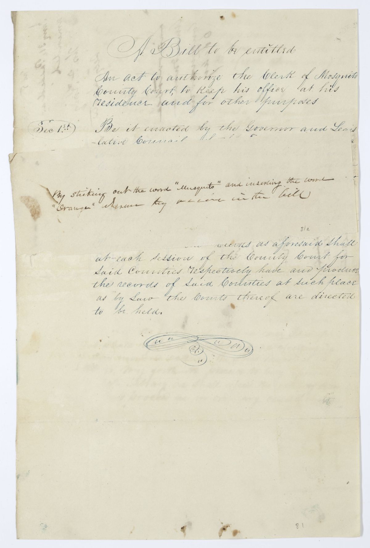 Draft of an Act to Authorize the Clerk of the Mosquito County Court to Keep His Office at His Residence, 1845