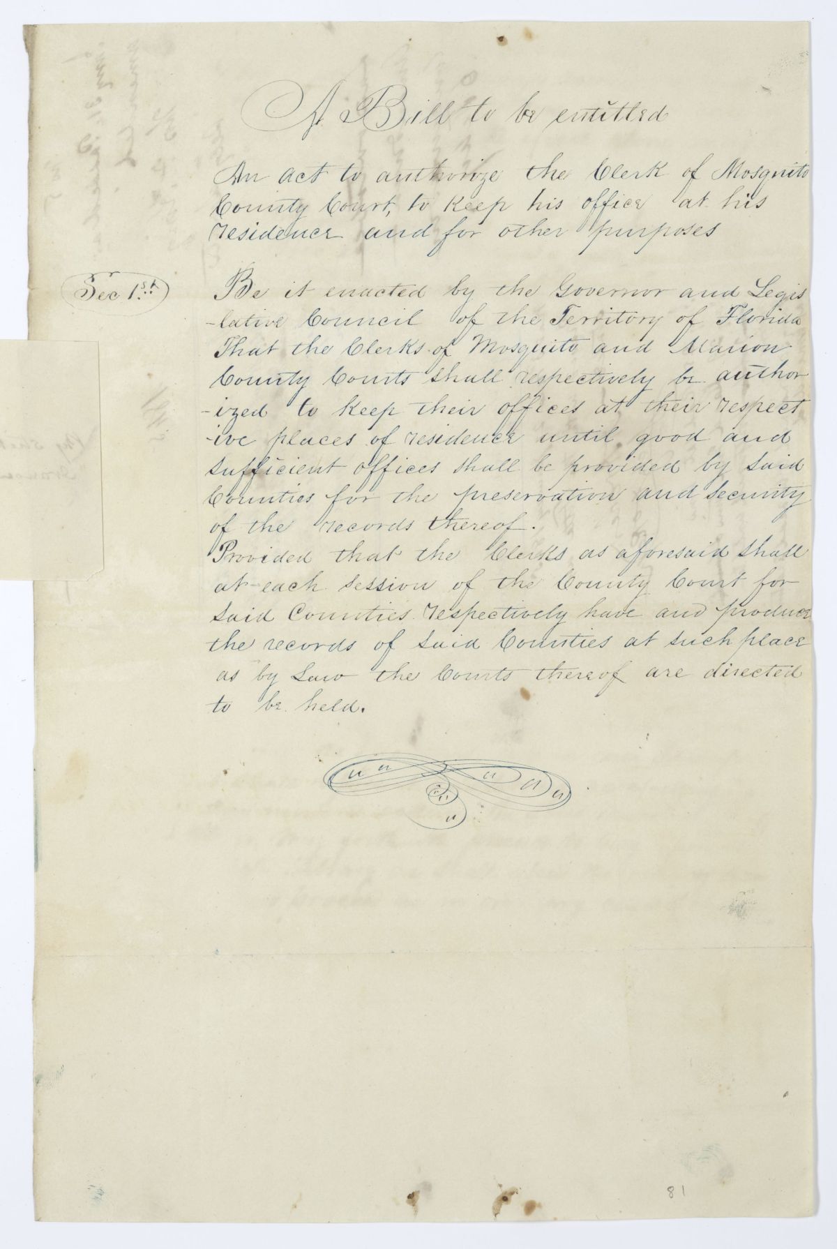 Draft of an Act to Authorize the Clerk of the Mosquito County Court to Keep His Office at His Residence, 1845