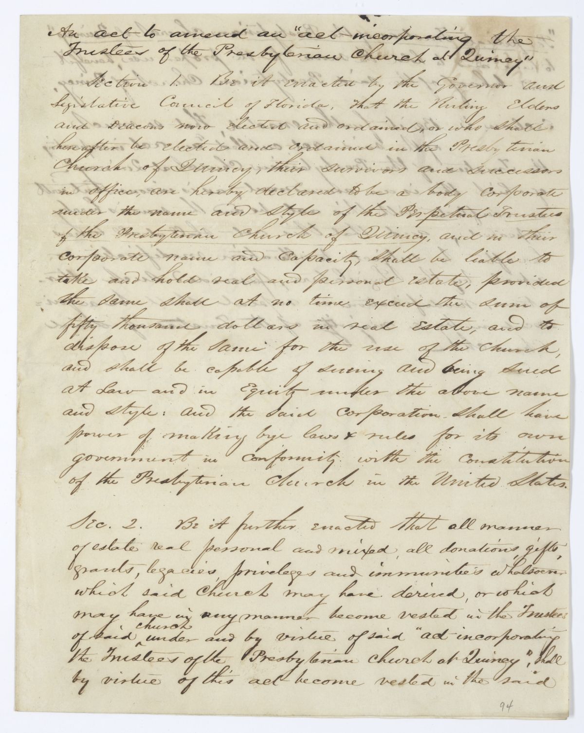 Draft of an Act to Amend an Act to Incorporate the Trustees of the Presbyterian Church of Quincy, 1845