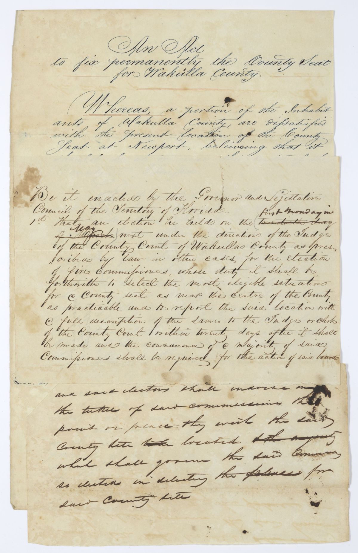 Draft of an Act to Permanently Fix the County Seat of Wakulla County, 1845