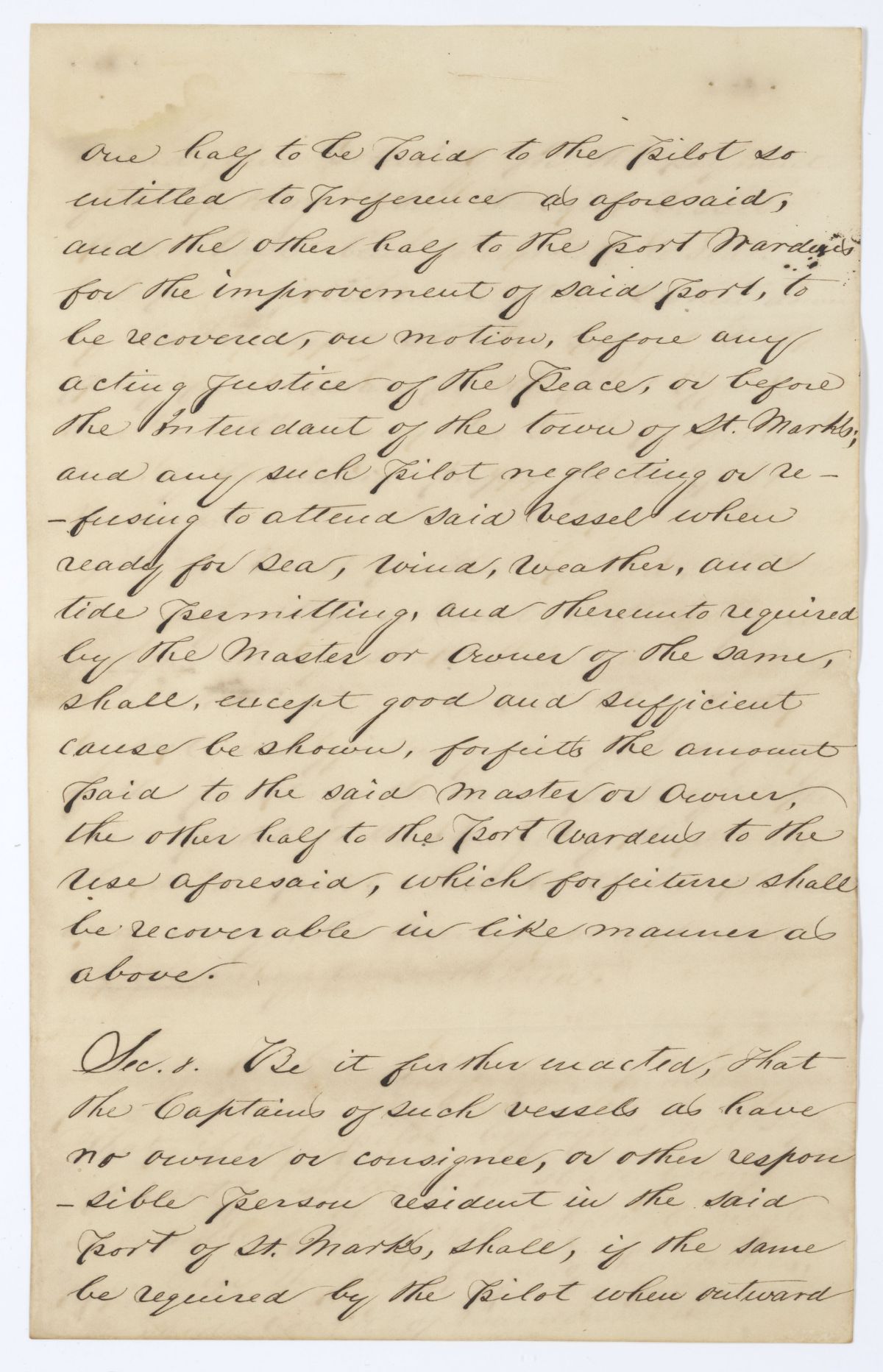 Draft of an Act to Regulate the Pilotage of the Port of Saint Marks, 1845