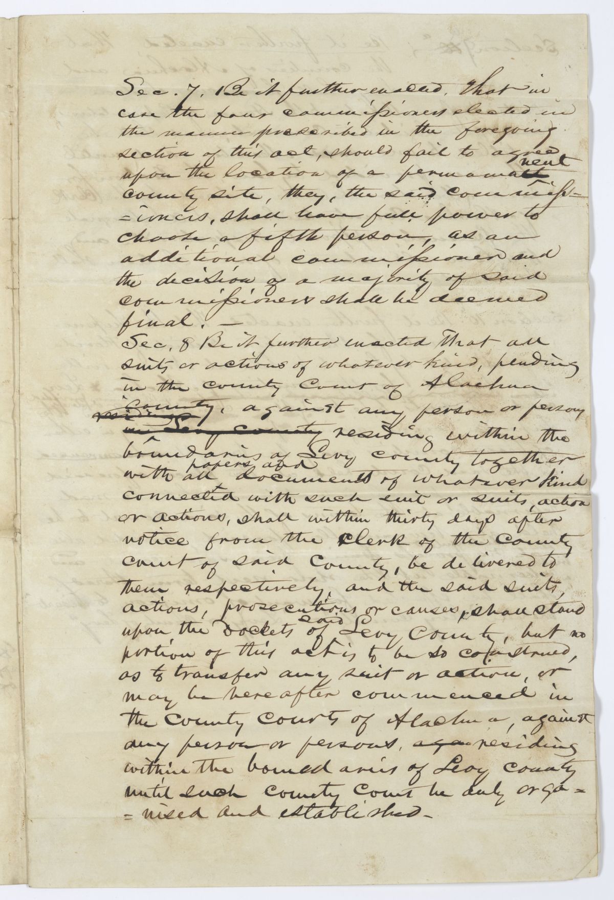 Draft of an Act to Organize a County to Be Called Levy County, 1845