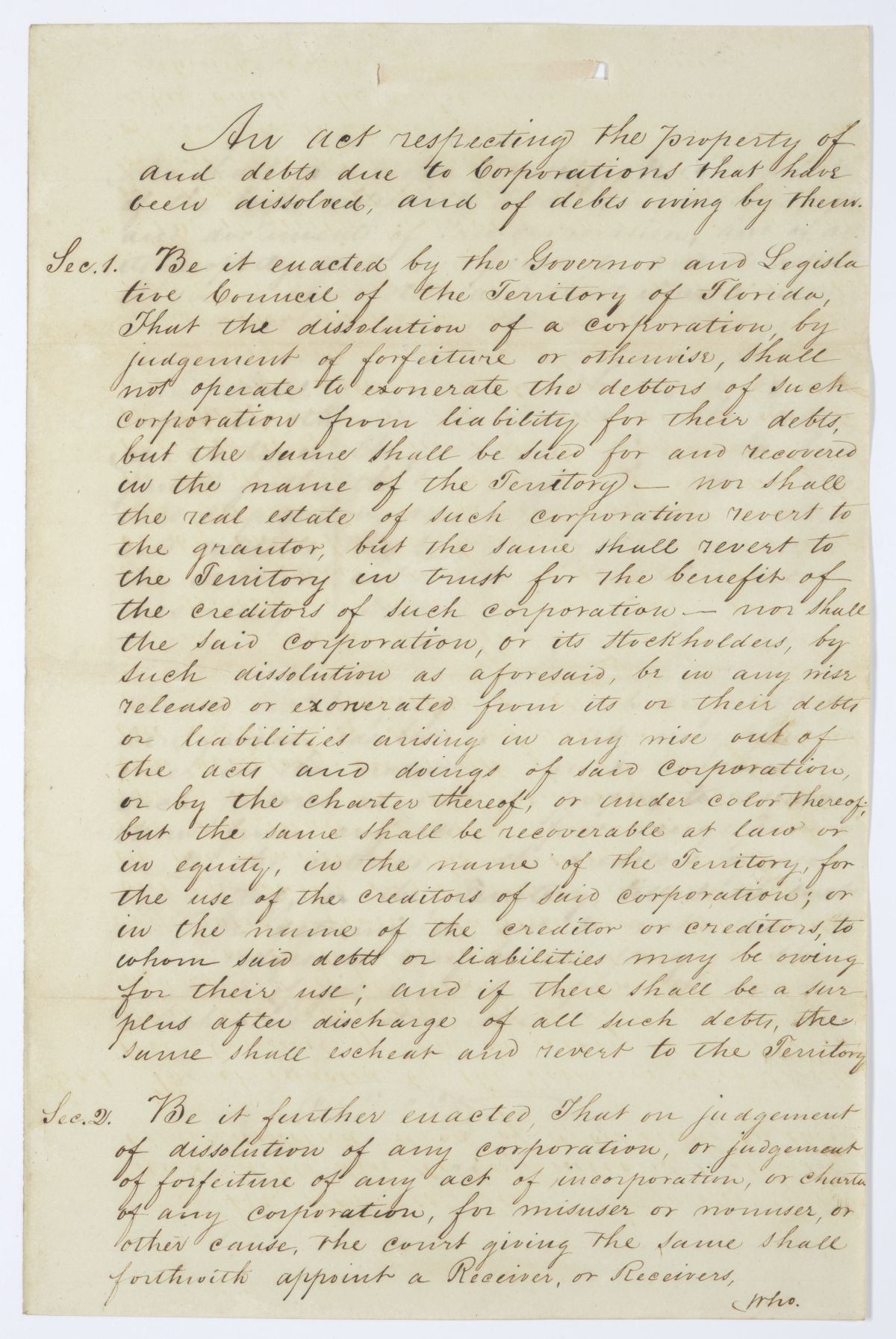 Draft of an Act Respecting the Property and Debt of Dissolved Corporations, 1845