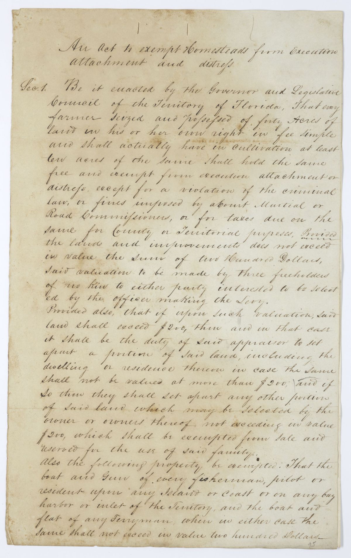 Draft of an Act to Exempt Homesteads from Execution, Attachment and Distress, 1845